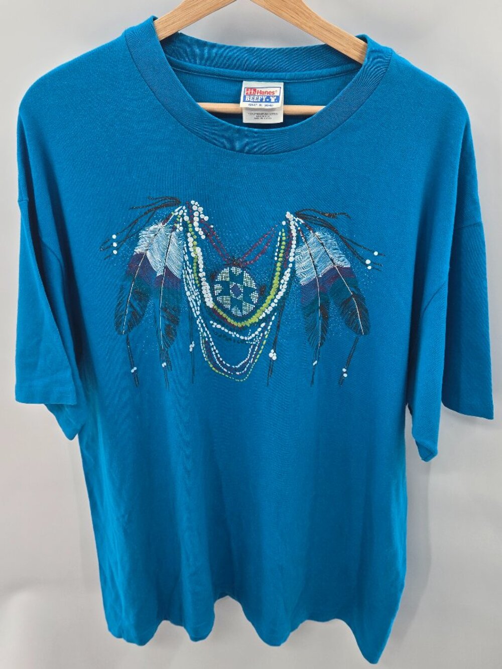 Vintage 90s Hanes Beefy-T Teal Native American Bead & Feather Graphic Tee XL
